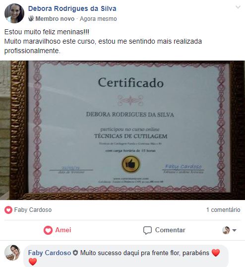 Print de post no Facebook de aluna comemorando o certificado do curso