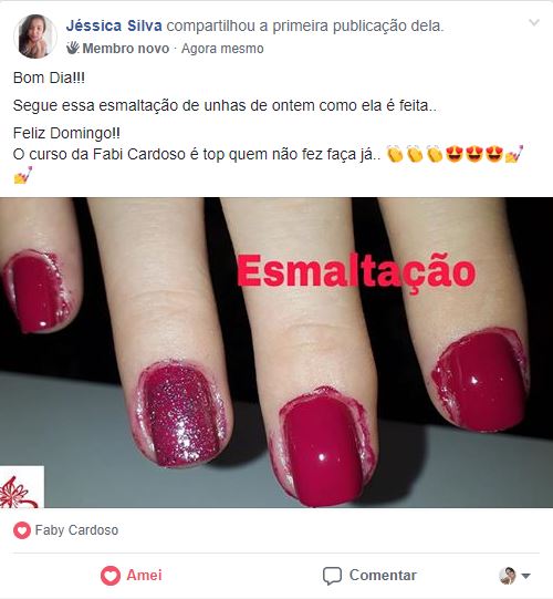 Print de post no Facebook de aluna mostrando esmaltação feita após o curso
