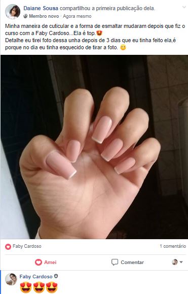 Print de post no Facebook de aluna mostrando cutilagem feita após o curso