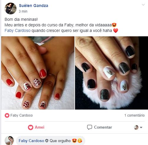 Print de post no Facebook de aluna mostrando antes e depois do curso